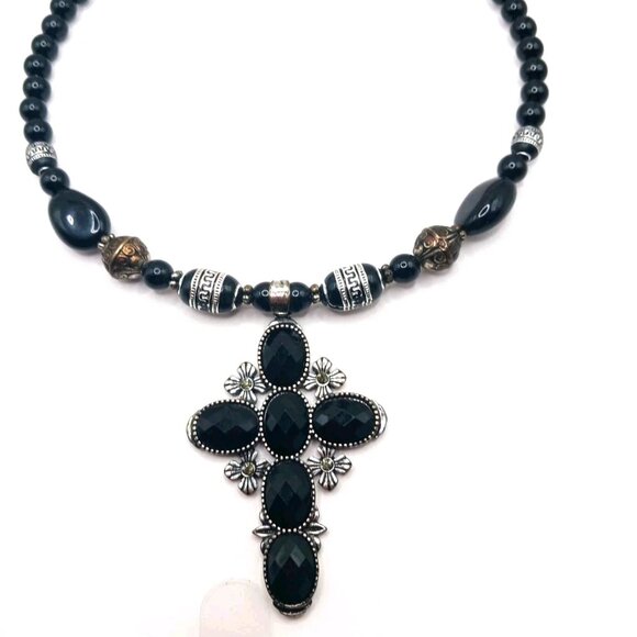 Goth Black Stone Cross + Beaded Choker Necklace - Picture 1 of 9